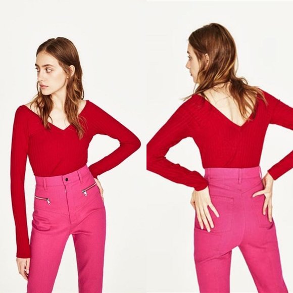 ZARA Red V-Neck Ribbed T-Shirt Long Sleeves - Picture 3 of 9